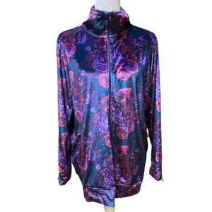 Woman Within Velour Navy Purple Floral Full zip jacket High Neck Size Medium M